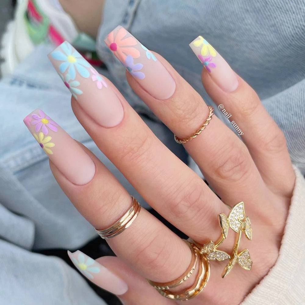 Nude Matte Nails with Pastel Flowers