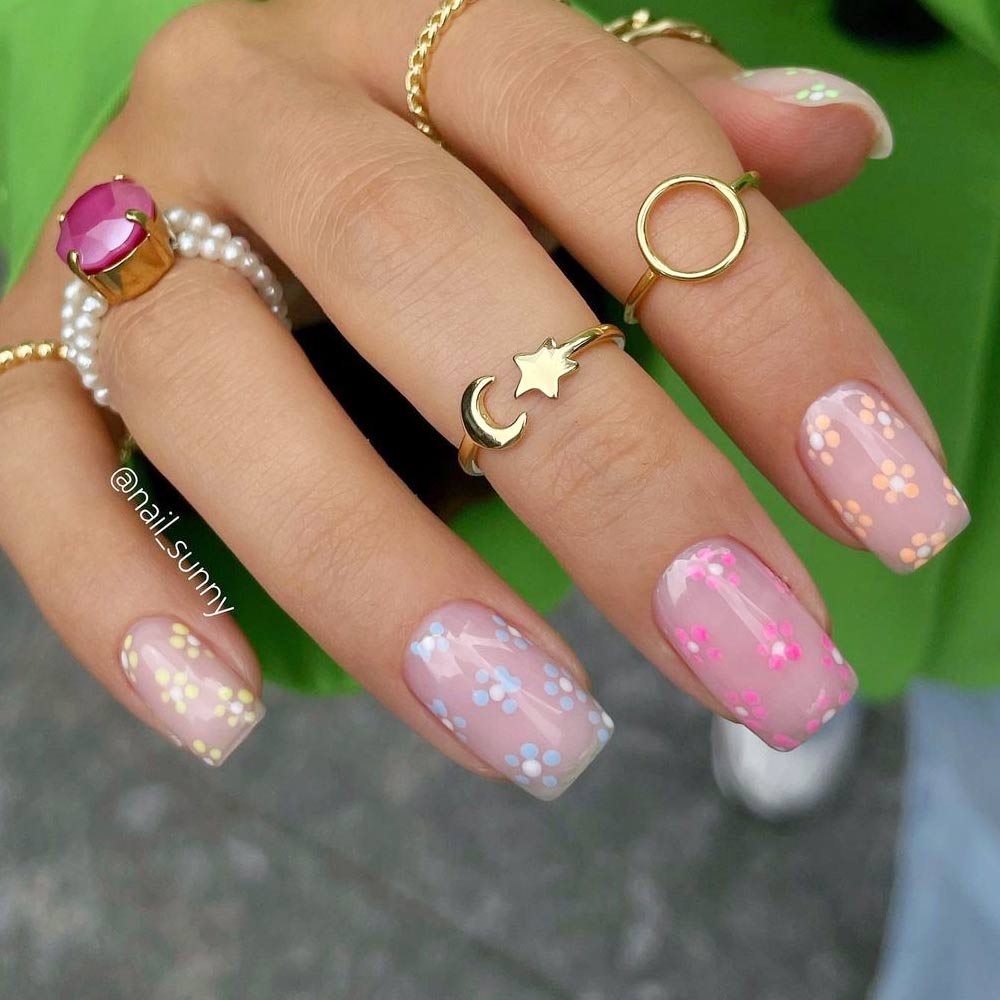 Pastel Flowers with Nude Background Easter Nails