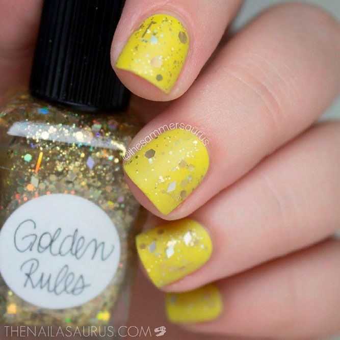Bright Yellow Nails With Glitter #yellownails #glitternails