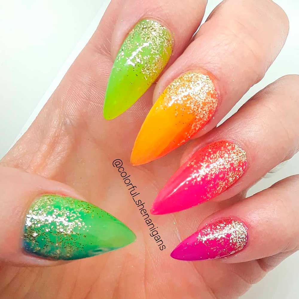 Colorful Nail Art With Gold Glitter #colorfulnails #rainbownails