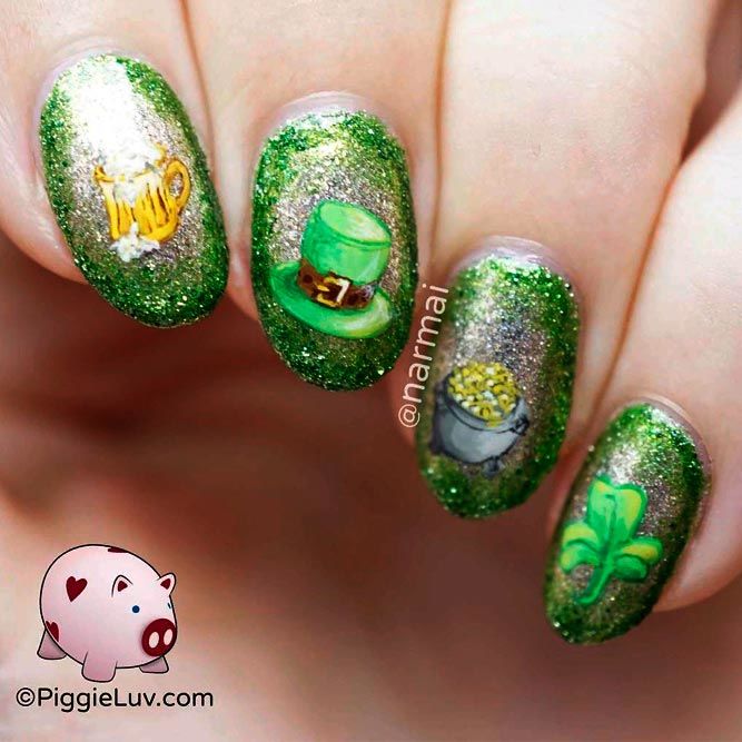 Sparkly St. Patrick's Day Inspired Nails #springnails #glitternails