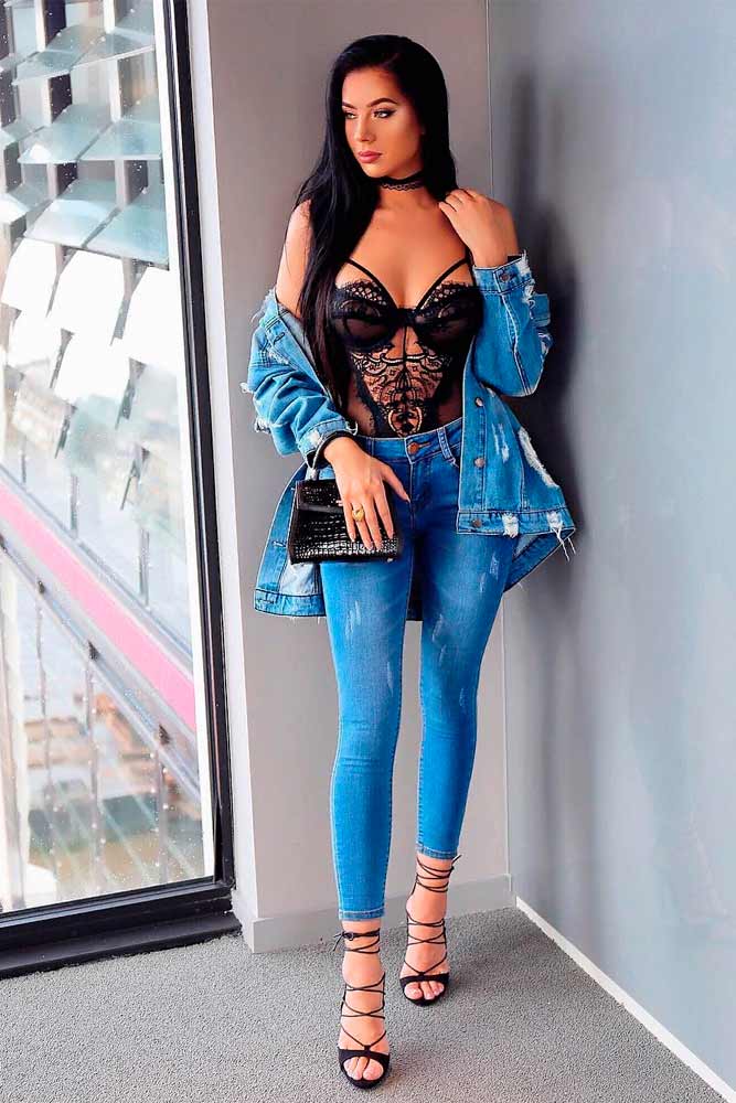Hot Denim Suit With Lace Body #jeansoutfit #sexyoutfit