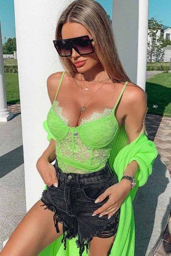 Denim Black Shorts With Lace Neon Top #lacetop
