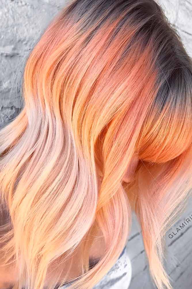 Peach Ombre On Long Angled Bob