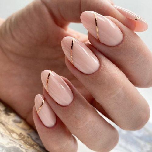 Nude Nails With Gold Stripes #nudenails #striped nails