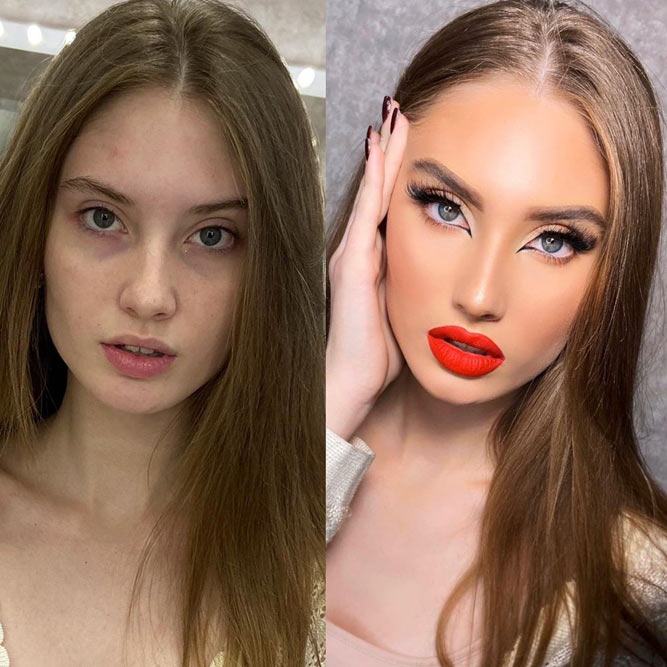 Classic Red For Before And After Makeup Transformations