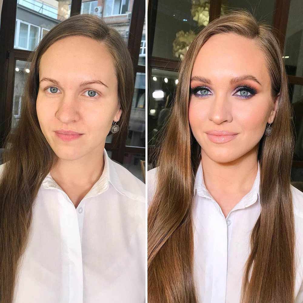 Before and After Makeup with Glitter Eyes