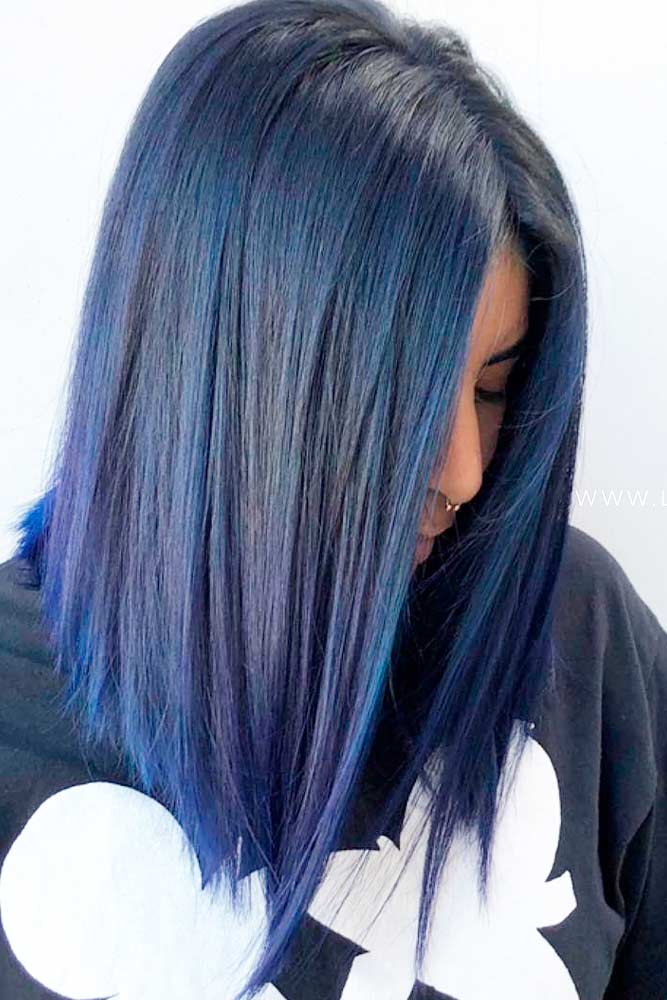 Blue Black Lob For Straight Hair #bobhairstyles #mediumhairstyles