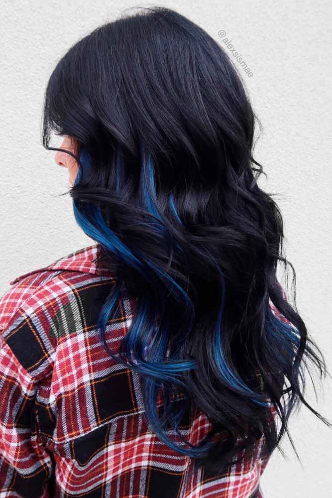 Long LAyered Black Hair With Blue Highlgihts #stylishhairstyle #layeredhairstyle