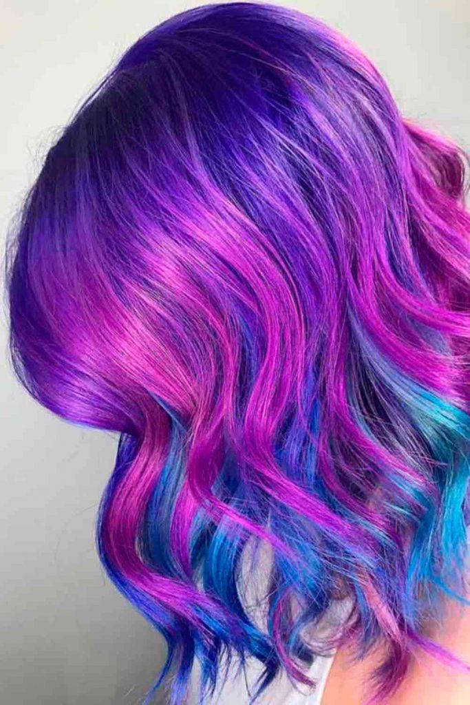 Purple and Blue Ombre For Medium Length HairWith Bright Highlights #bluehair #hairhighlights