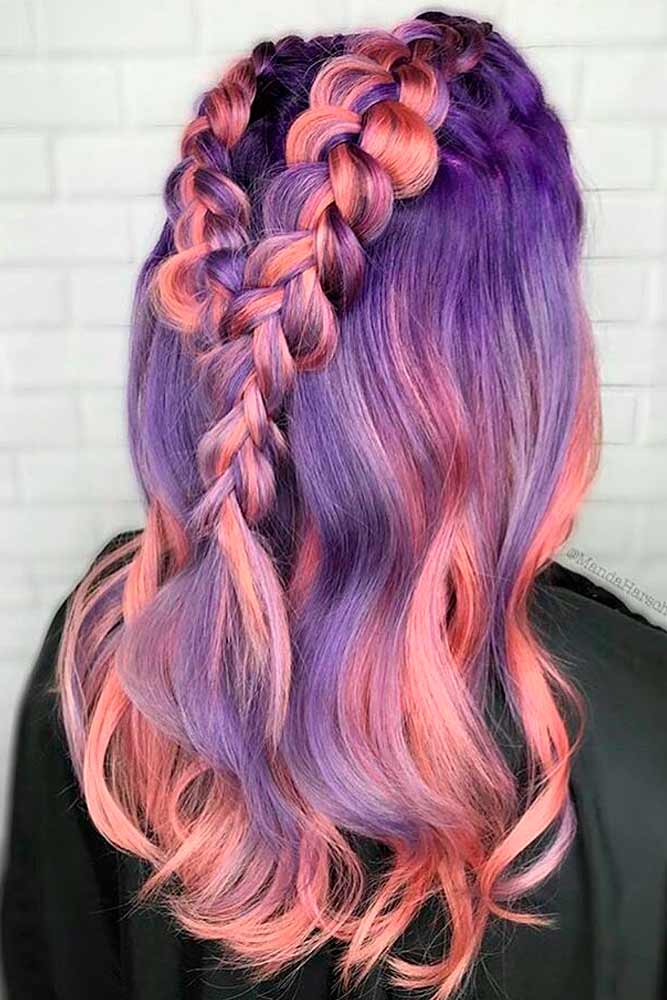 Peach And Purple Ombre Braided Hairstyle #ombrehair