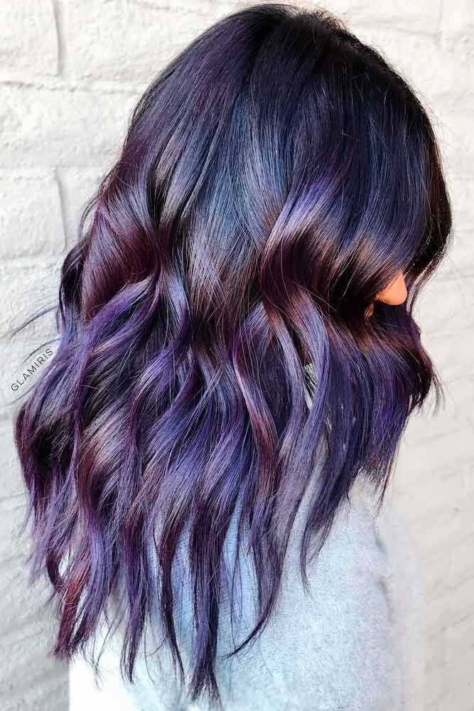 Long Black Hair With Dark Purple And Blue Highlights #blackhair #hairhighlights
