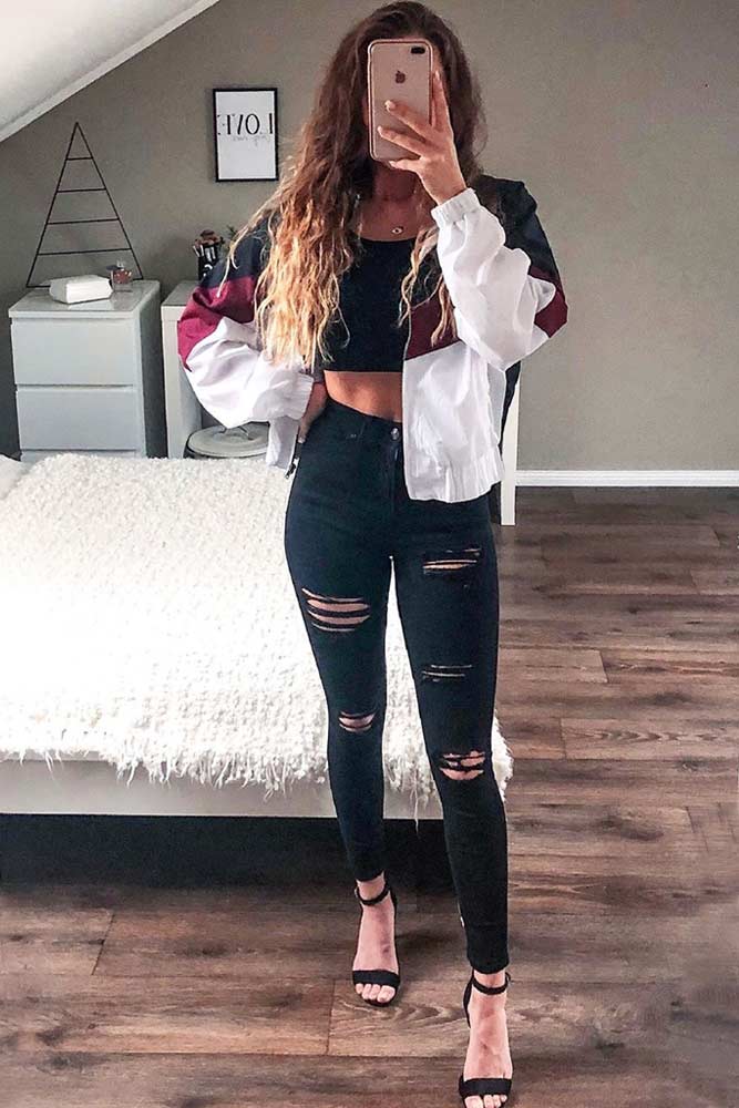 Black Ripped Jeans With Sport Jacket Outfit #sportjacket
