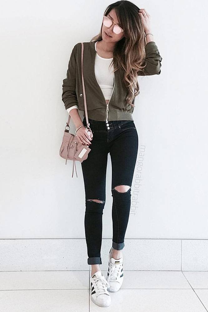 Bomber with Ripped Jeans Outfit Idea for School
