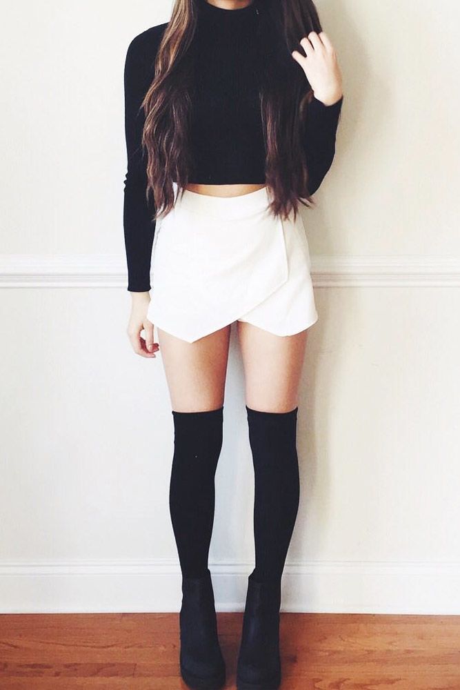 Black Sweater With White Shorts Outfit #shorts #overkneesocks
