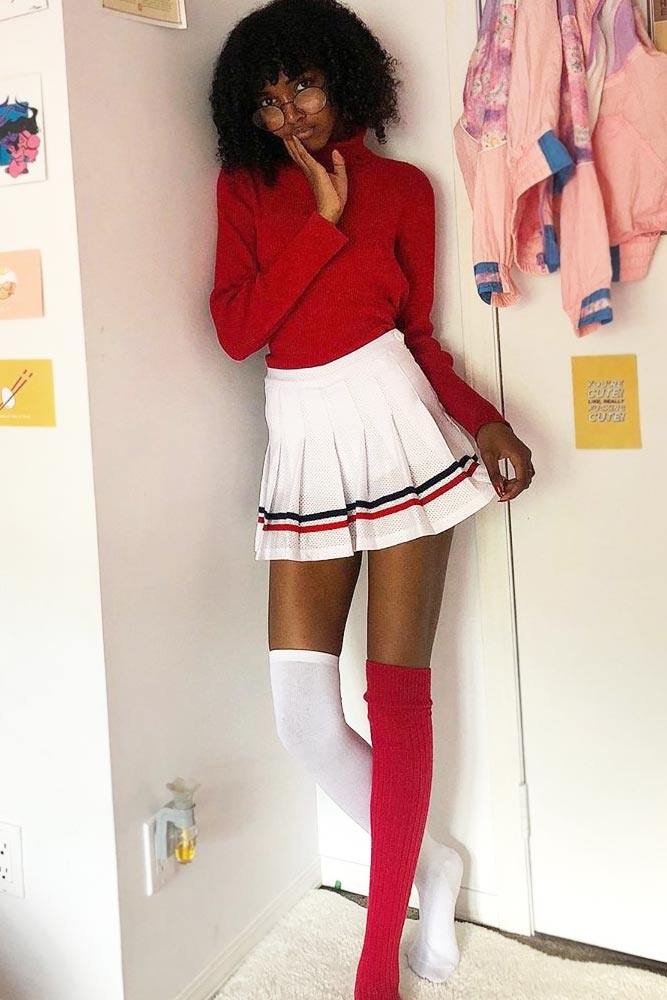 White Skirt With Red Turtleneck Outfit #miniskirt #overkneesocks