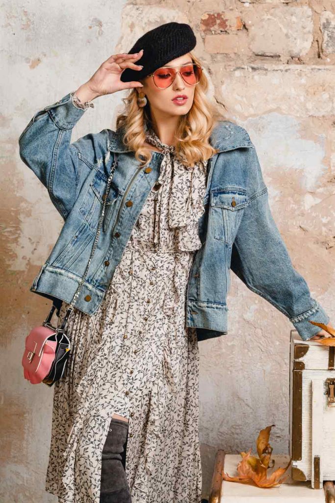 denim jacket ruffled long dress cap sunglasses