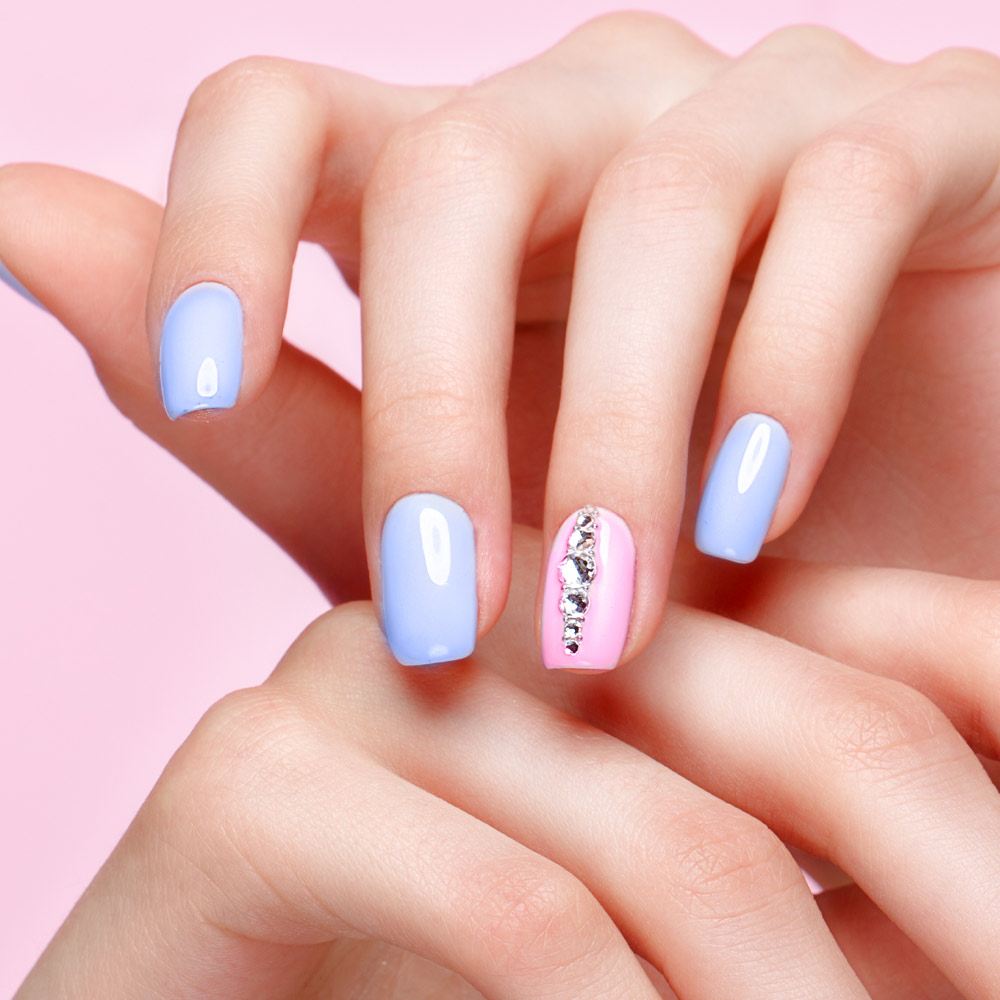 Blue and Pink Nails with Rhinestones