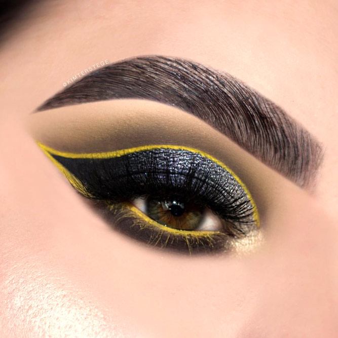 Black Glitter Smokey With Yellow Eyeliner Makeup Idea #yelloweyeliner