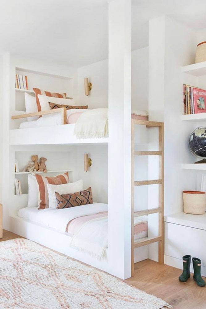 White Bedroom Idea With Modern Bunk Bed #spacestorage #shelves