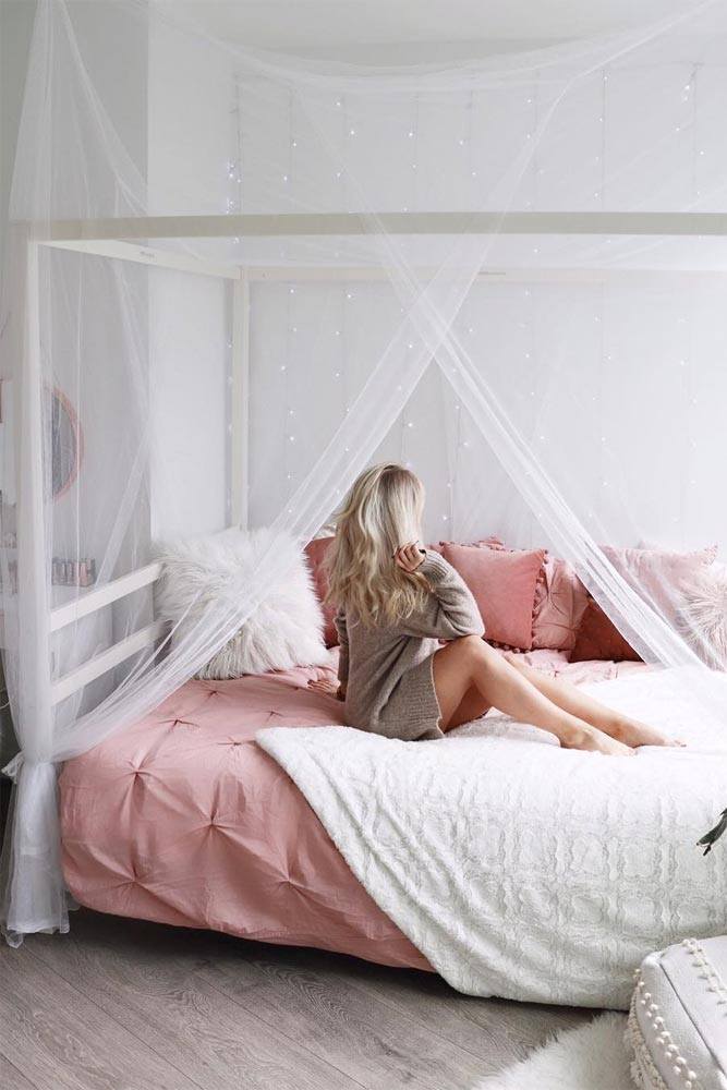 Bedroom With Canopy Bed And Fur Pillows #pillows #framecanopy