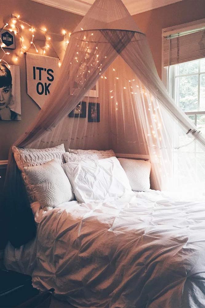 Bedroom With Canopy and String Lights #stringlights