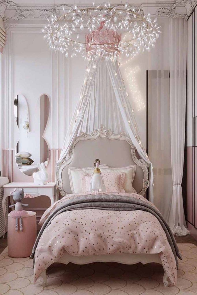 Girly Teen Bedroom With Canopy String Lights #canopybed #stringlights