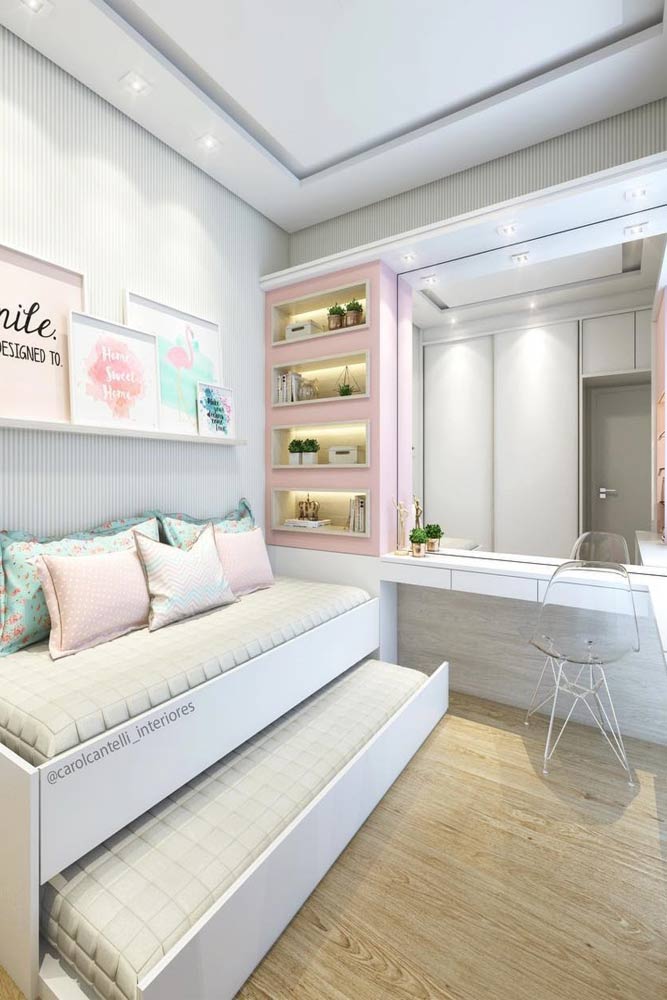 Inspiring Teen Bedroom Ideas Organization Small Room Platform Pastel Colors White Walls Furniture 