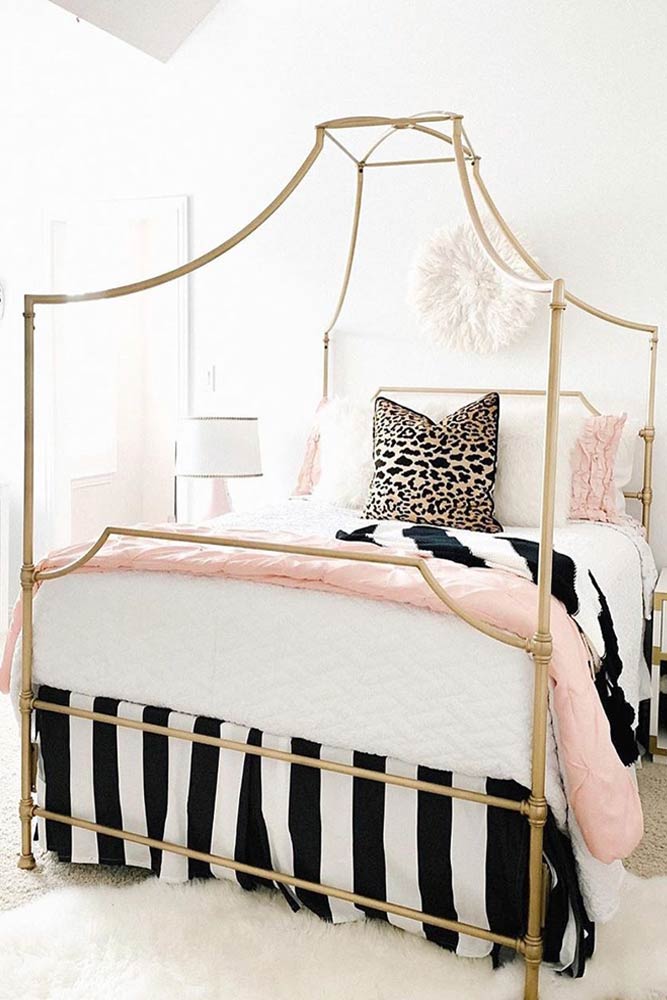 Teen Bedroom With Canopy Bed And Striped Accents #canopybed