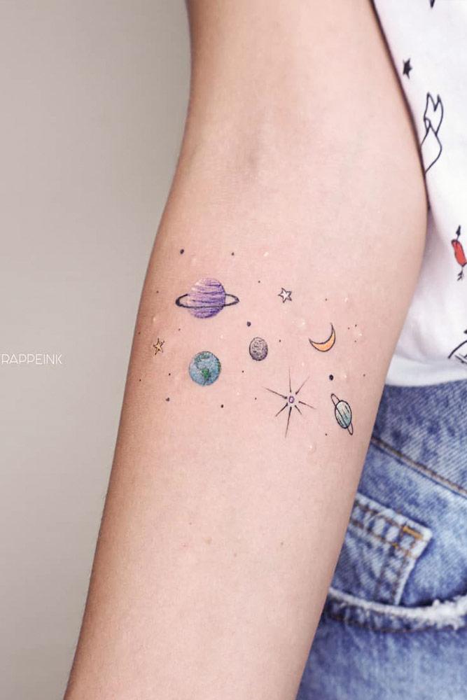 Minimalist Tattoos Idea For Your Arm #galaxytattoo #planetstattoo #armtattoo