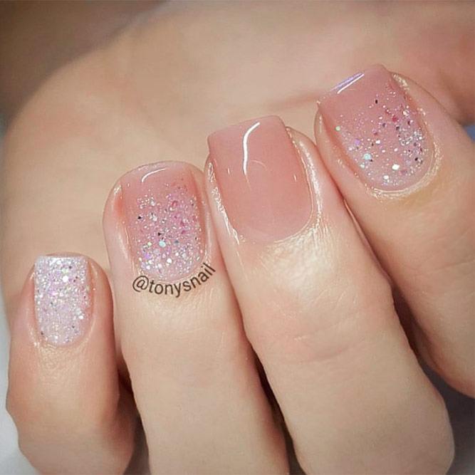 Short Nails With A Nude Glitter Design #shortnails #glitternails