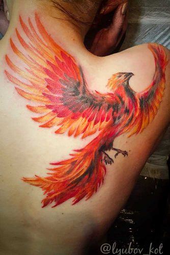 Fiery Red Phoenix Tattoo Idea For Shoulder #shouldertattoo 