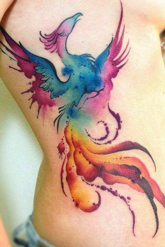 Abstract Watercolor Phoenix Tattoo On The Side #watercolortattoo #watercolorphoenixtattoo