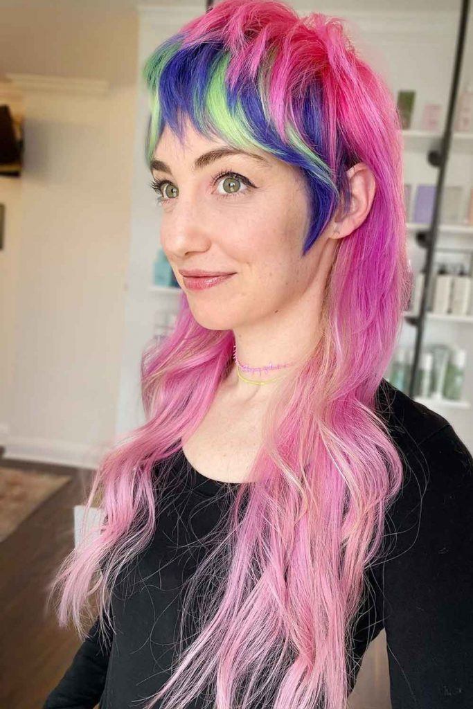 Long Pink Hair with Colorful Bang