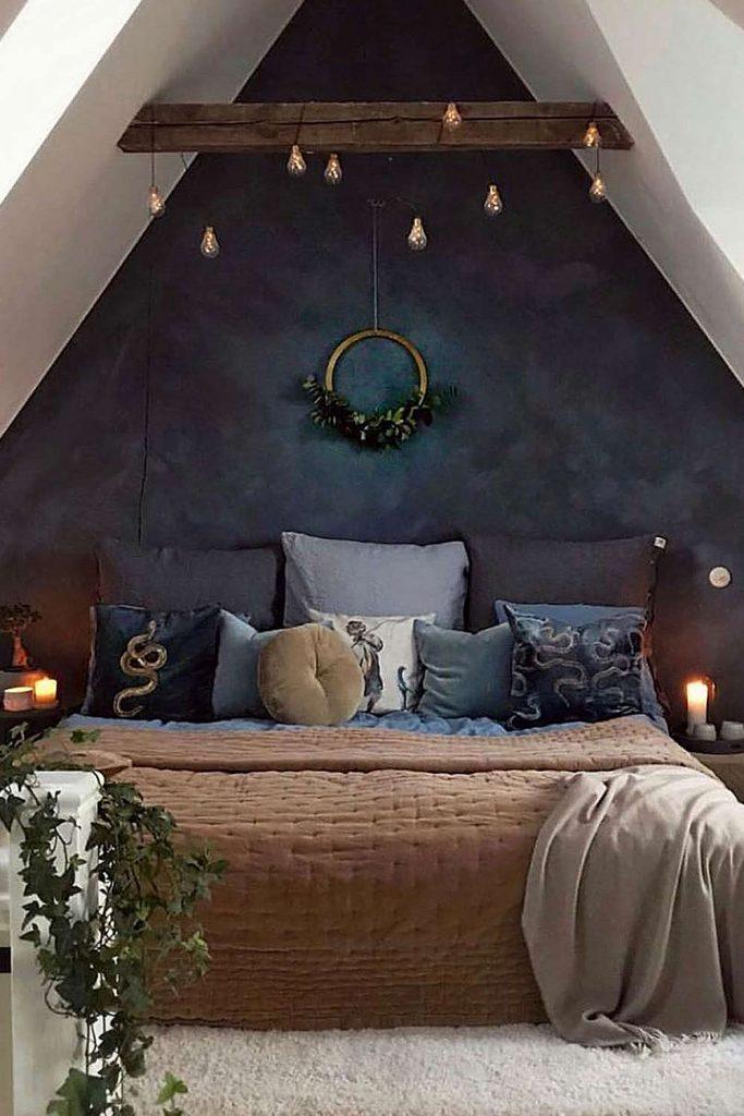 Boho Style Bedroom With String Lights