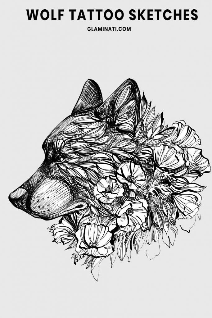 Sketch Wolf Tattoo with Flowers