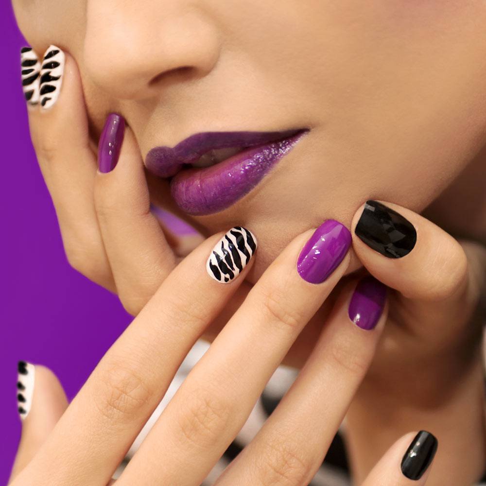 Purple and Black Nails with Zebra Print Accent