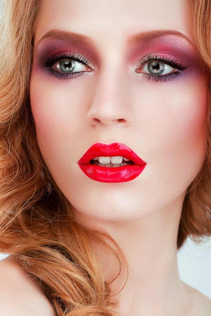 Purple Eyeshadow With Glossy Red Lips