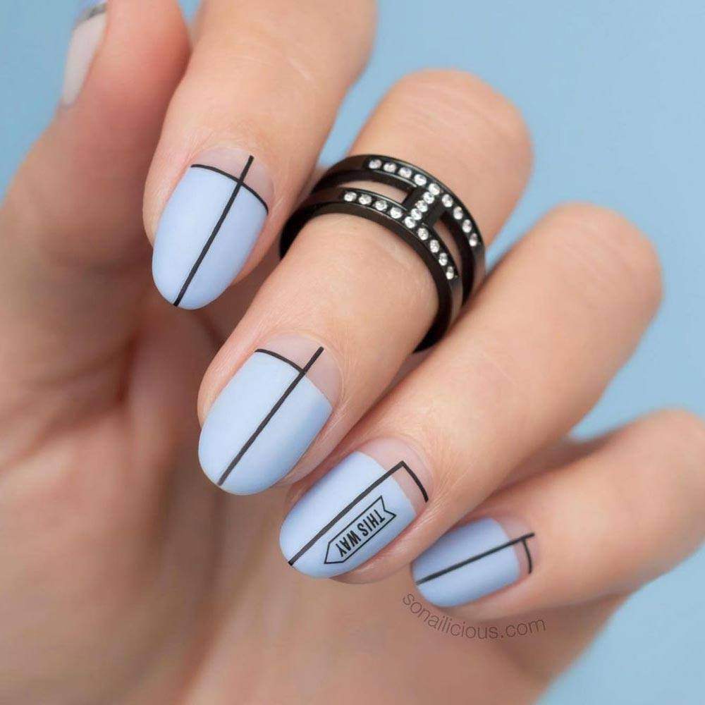 Baby Blue Nails with Black Lines