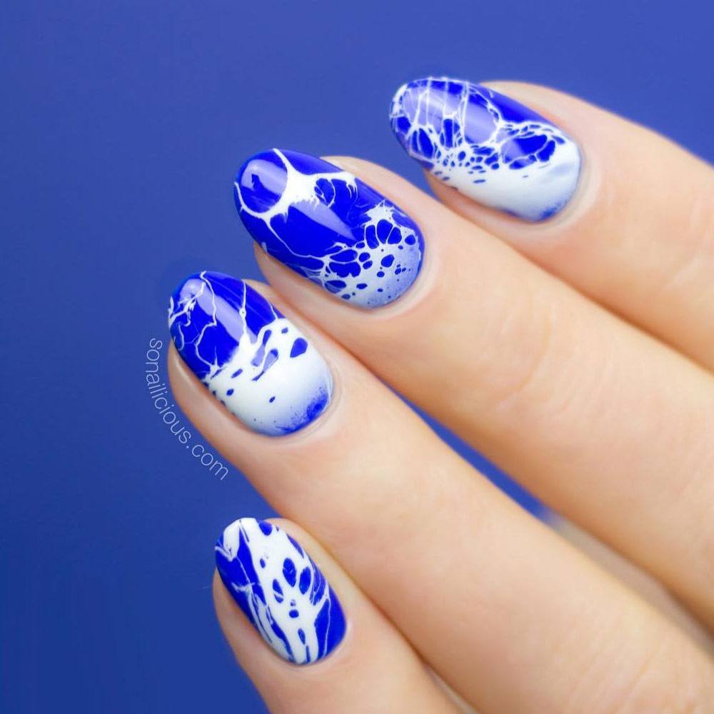 Dark Blue Nails with Water Splash Art