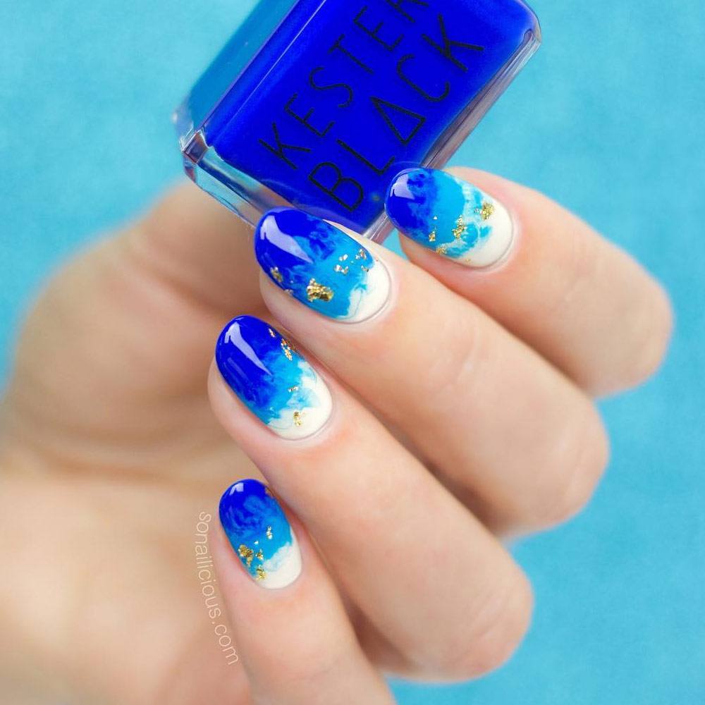 Blue Shades Nails with Gold Foil