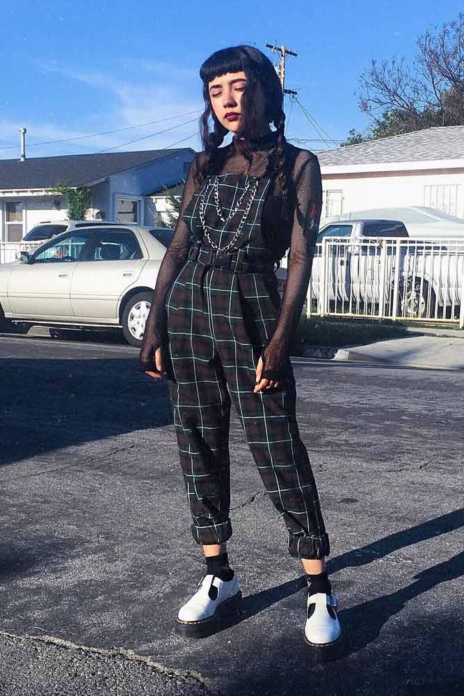 Plaid Overalls With Transparent Mesh Long Sleeve Top #plaidoveralls #overalls