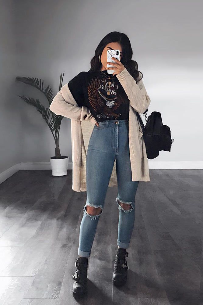 Ripped Jeans With Long Cardigan #longcardigan #rippedjeans