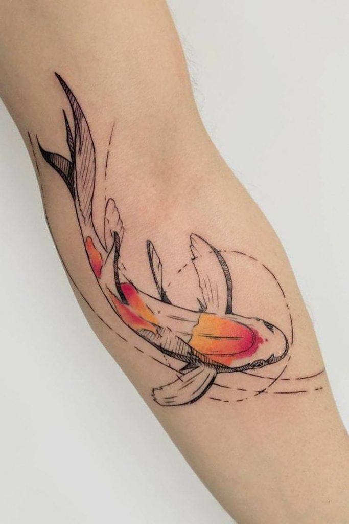 Half Colored Koi Fish Tattoo