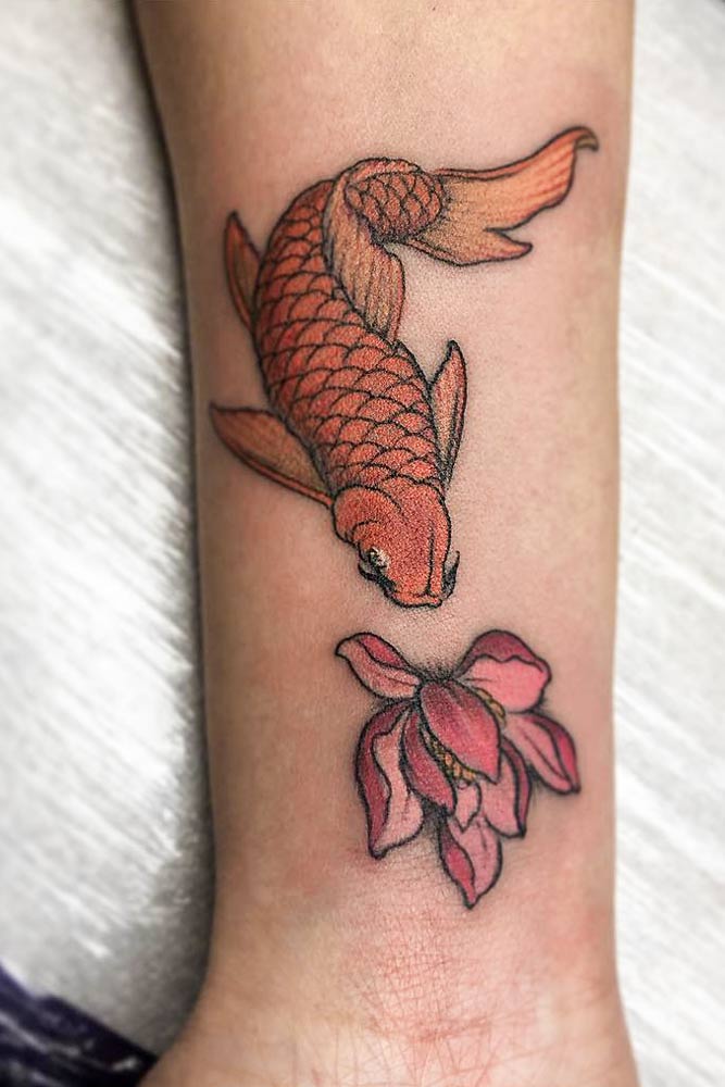 Wrist Tattoo Design With Koi Fish And Lotus Flower #wristtattoo #lotusflowertattoo