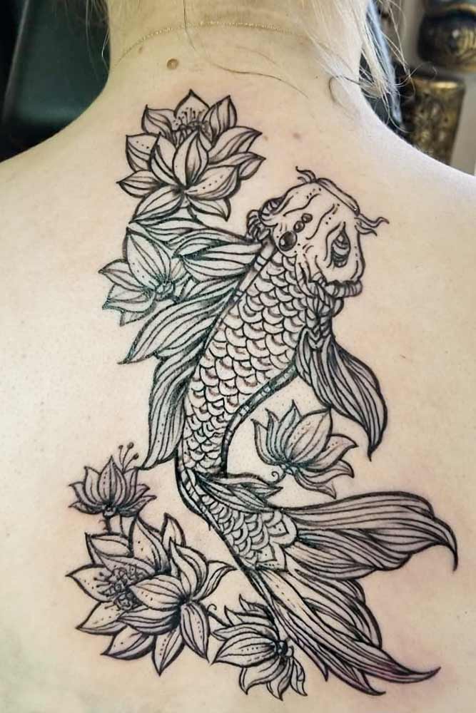 Koi Fish With Lotus Flowers Tattoo Idea #backtattoo