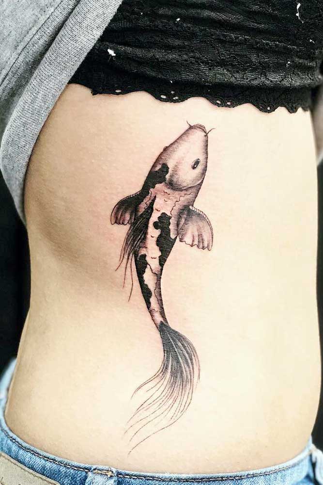 Black And White Koi Fish Tattoo On A Side #sidetattoo