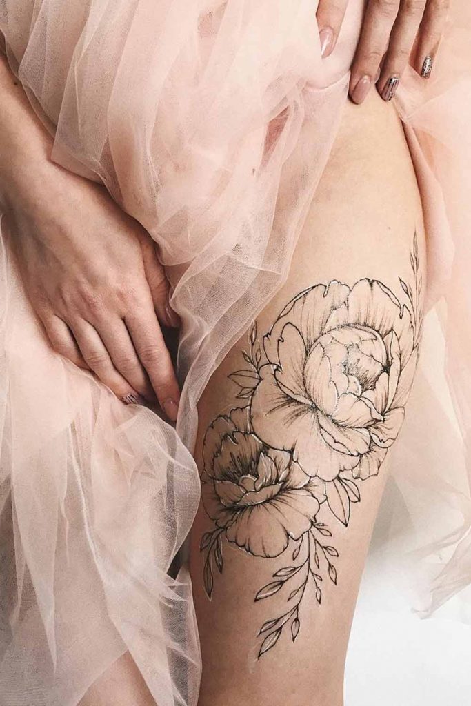 Peonies Thigh Tattoo for Women