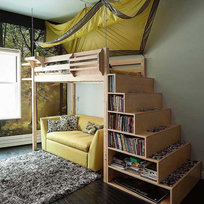 Loft Bed With Book Storage Stairs #bookcase #sofa