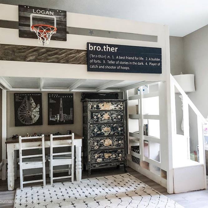 Loft Bed With Vintage Rest Space Décor #vintagedresser #desk